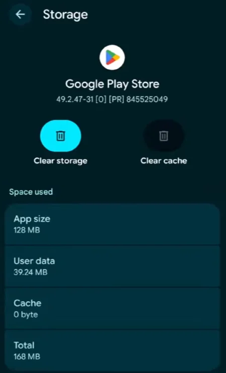 Play Store app details menu to clear cache and data.