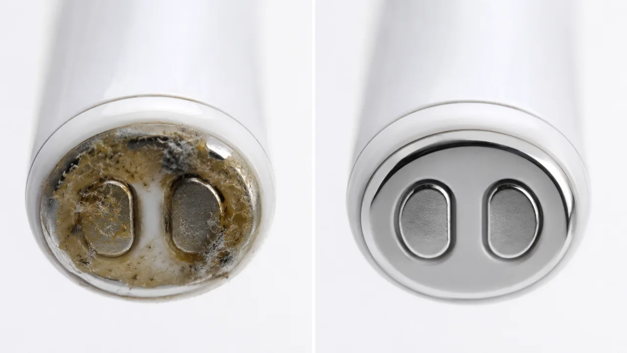 Side-by-side comparison of a dirty AirPod charging contact covered in earwax and lint versus a clean shiny contact.