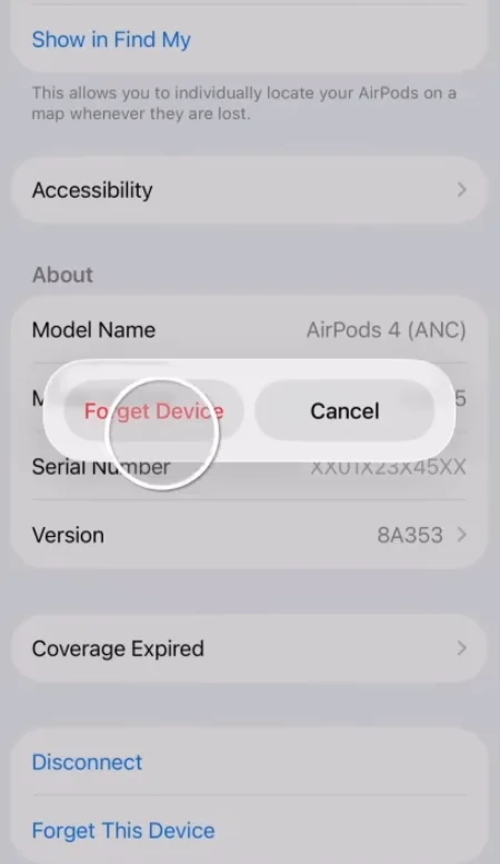 iPhone screen to forget AirPods to unpair it.