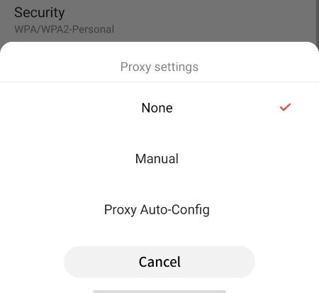 Proxy options to choose currently set to None.