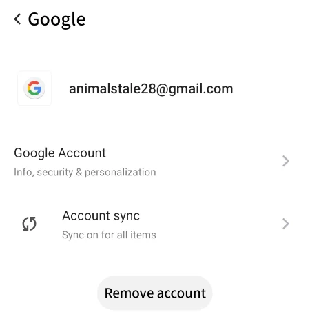 Google settings screen with Remove Account button.