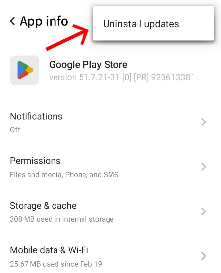 Uninstall updates option highlighted for Play Store app.