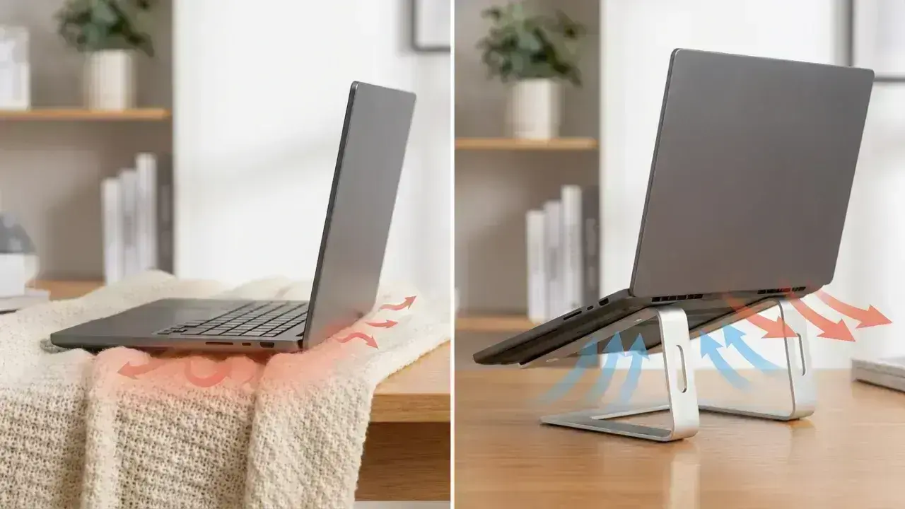 Comparison of a laptop with vents blocked by a blanket and a laptop raised on a stand for proper airflow.