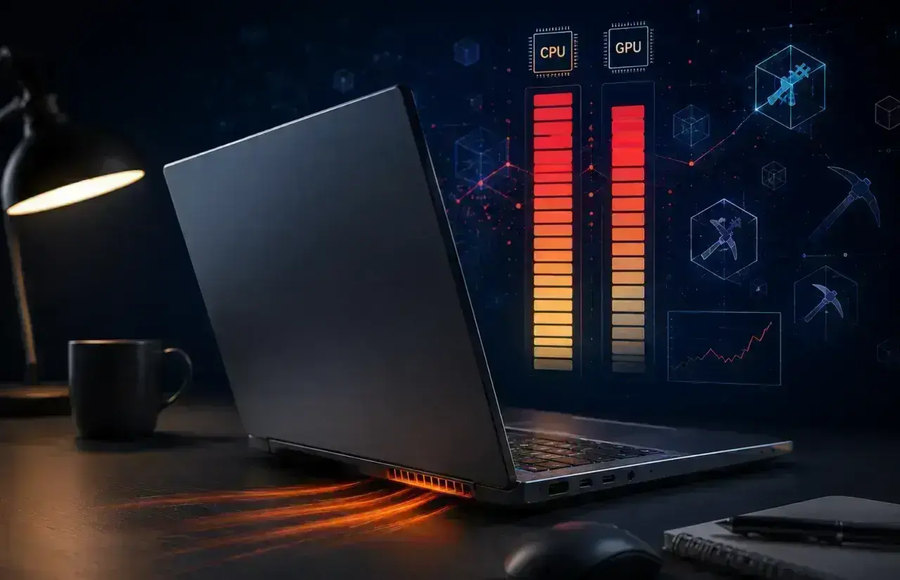 Illustration of hidden malware or cryptojacking using laptop CPU and GPU resources and causing fan noise.