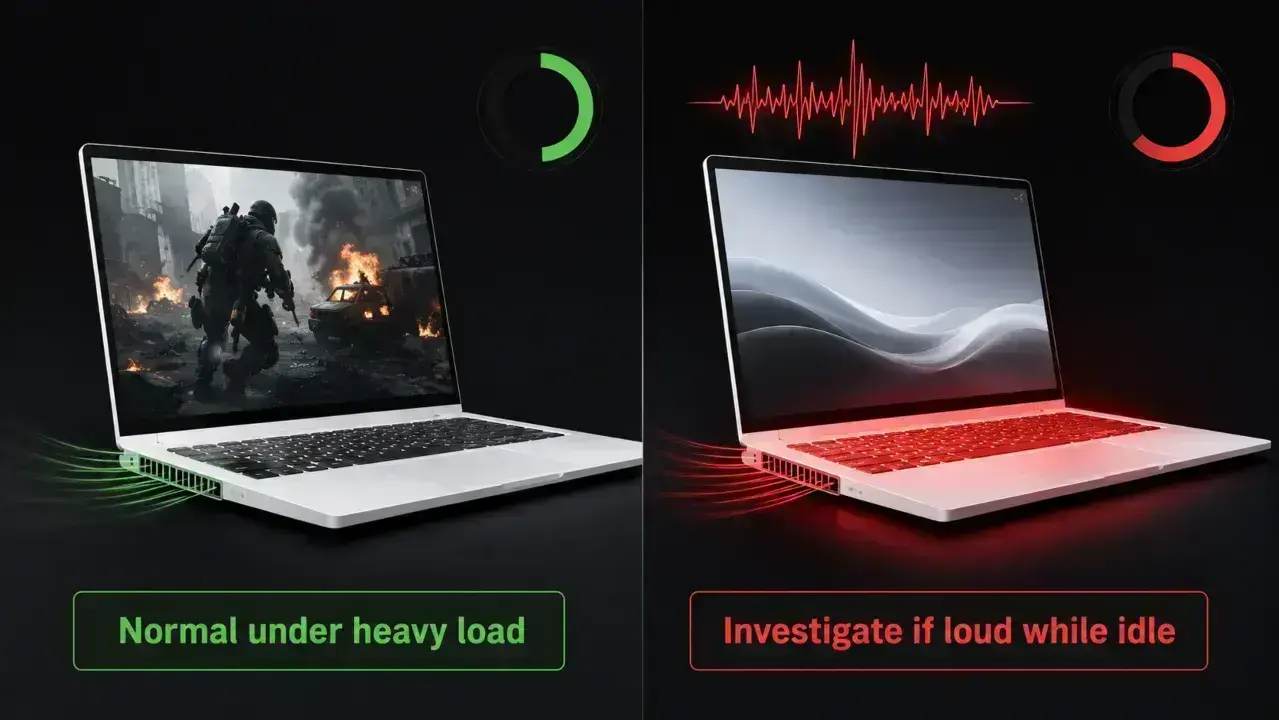 Comparison showing normal loud laptop fan noise during heavy work and abnormal fan noise while idle.