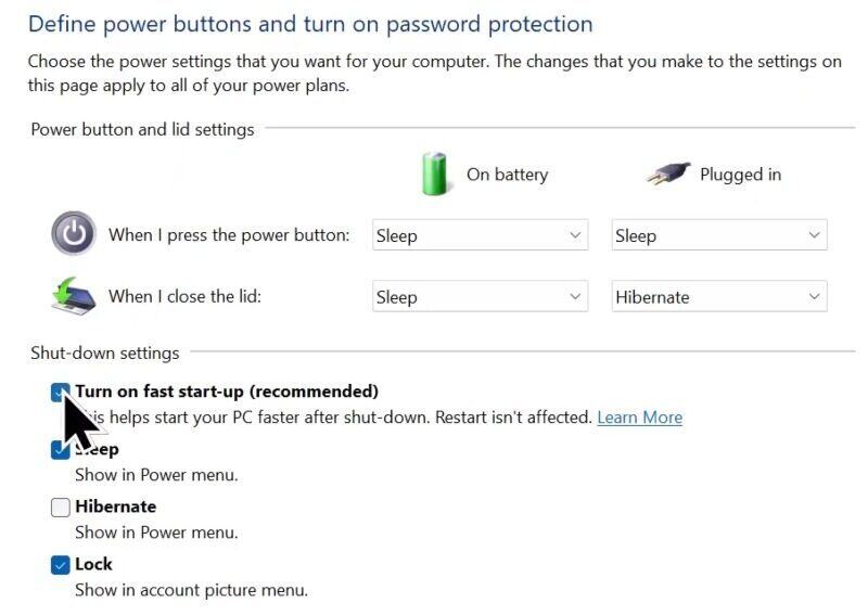Turn on Fast Startup box is checked on Windows 11 power plan screen.