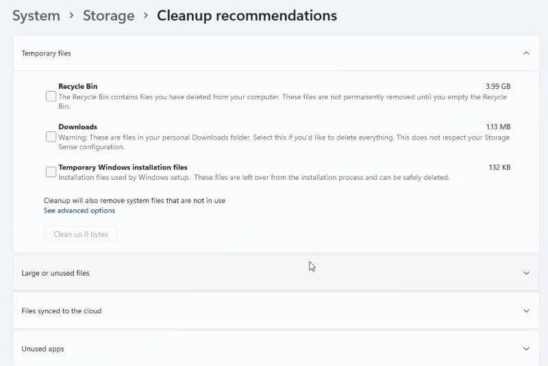 Windows 11 Cleanup Recommendations screen.