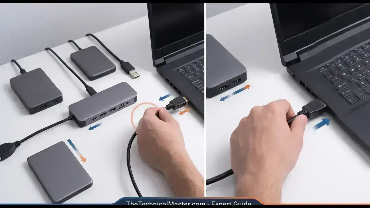 Hands reseating a display cable directly into a laptop port after removing external docks and accessories