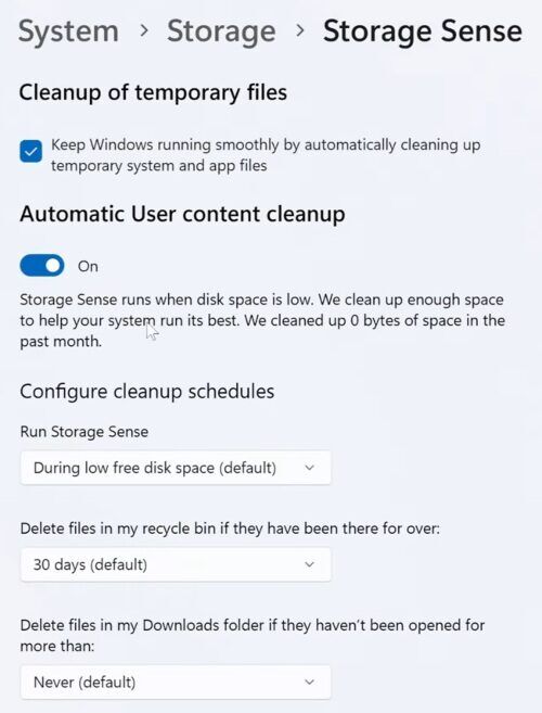 Windows 11 Storage Sense screen