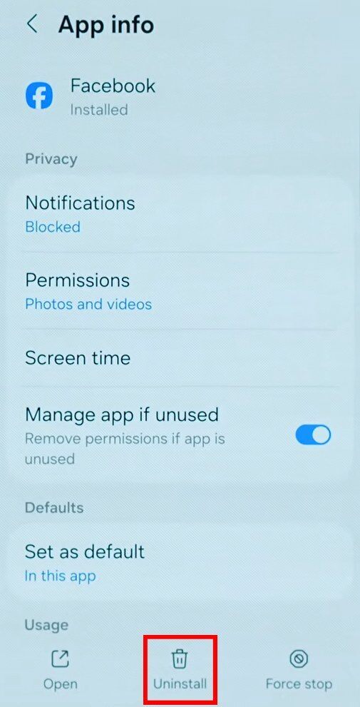 Uninstall app screen on Android Phone